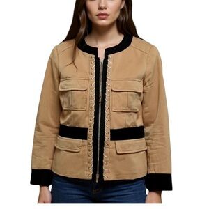 Etcetera Suit Jacket Size 8 Beige Black Dress Casual Cotton Zipper Front EUC